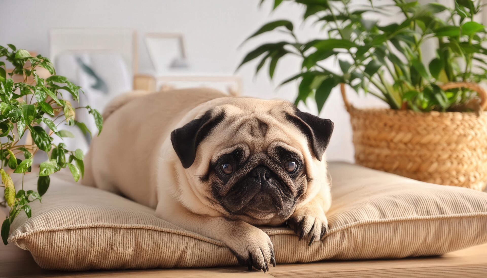 植物とナチュラルインテリアとパグ