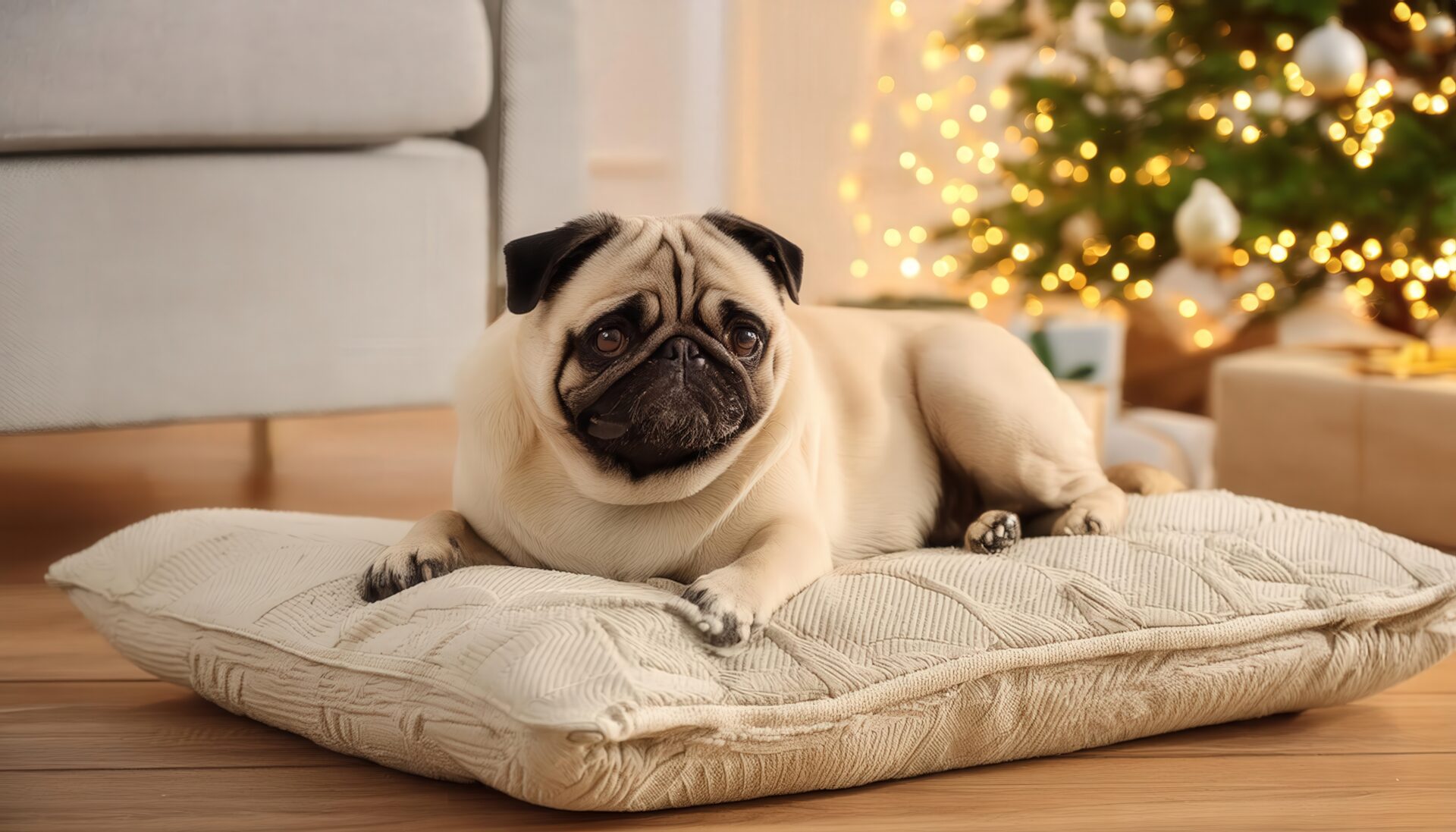 クリスマスツリーとパグ