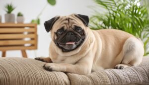 笑顔のパグと観葉植物