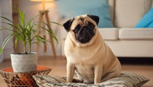 ソファ前のパグと観葉植物