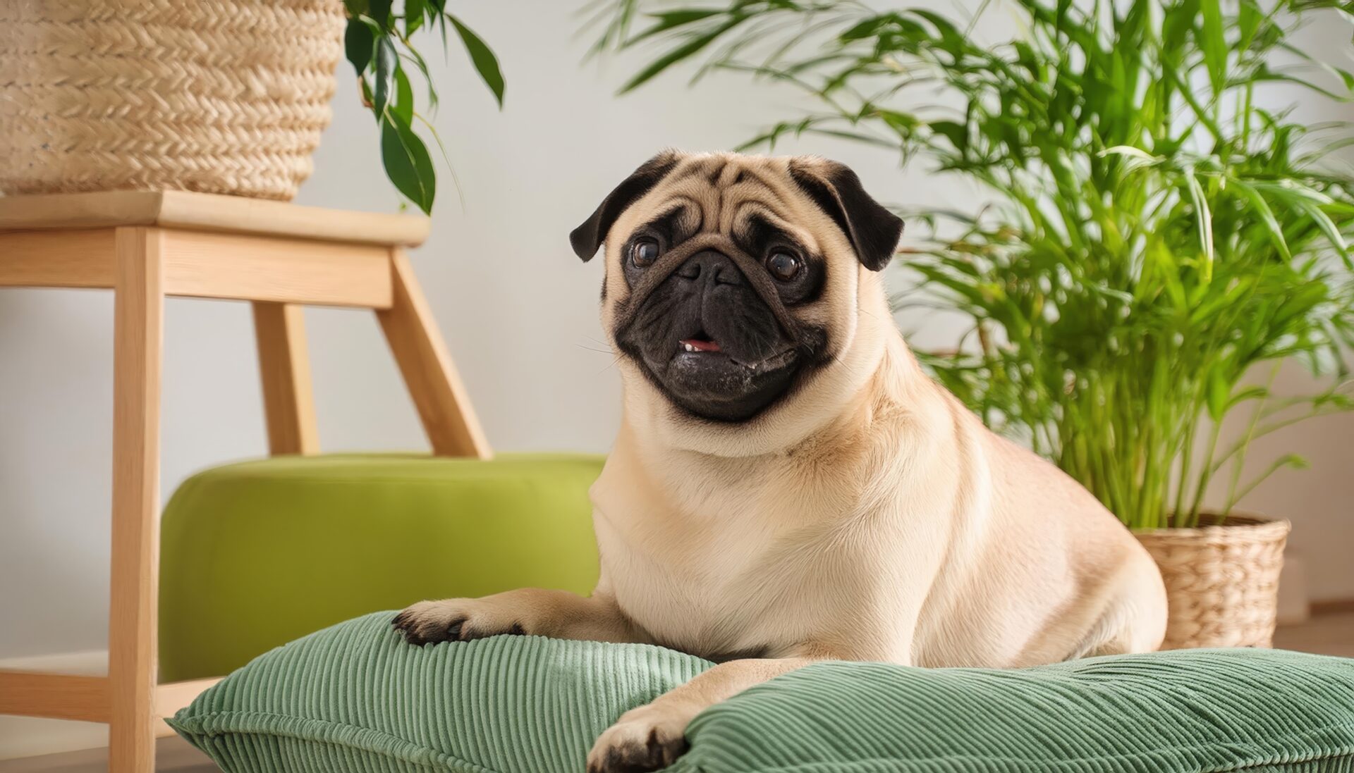 グリーンのクッションとパグ