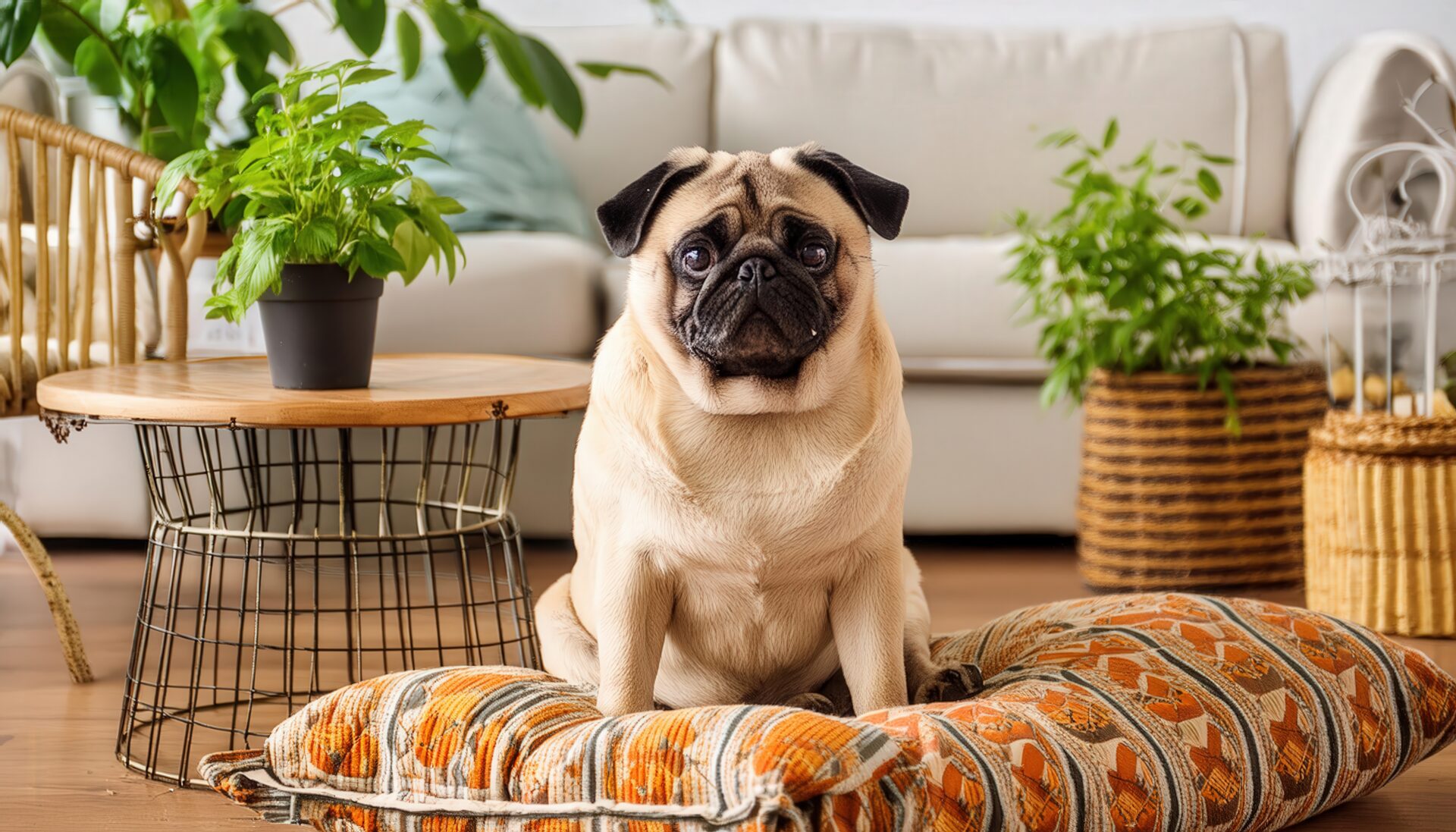 カラフルクッションとパグ