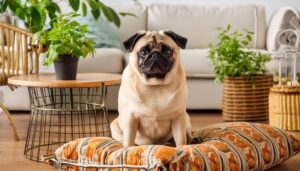 カラフルクッションとパグ