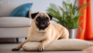 青いクッションとパグ