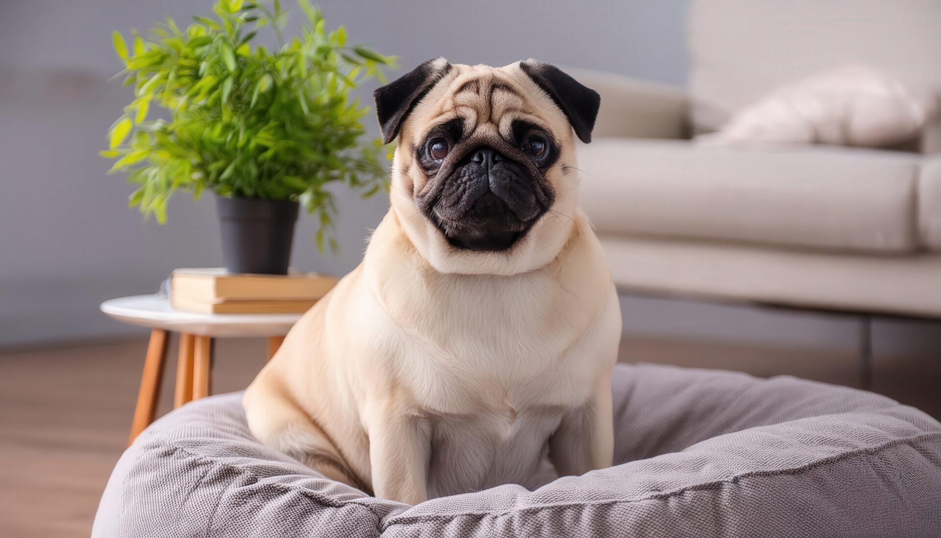 灰色のクッションとパグ