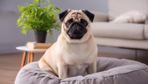 灰色のクッションとパグ