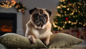 クリスマスの室内でくつろぐパグ