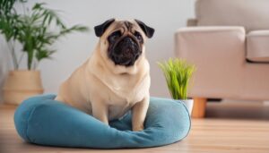 青いクッションに座るパグ