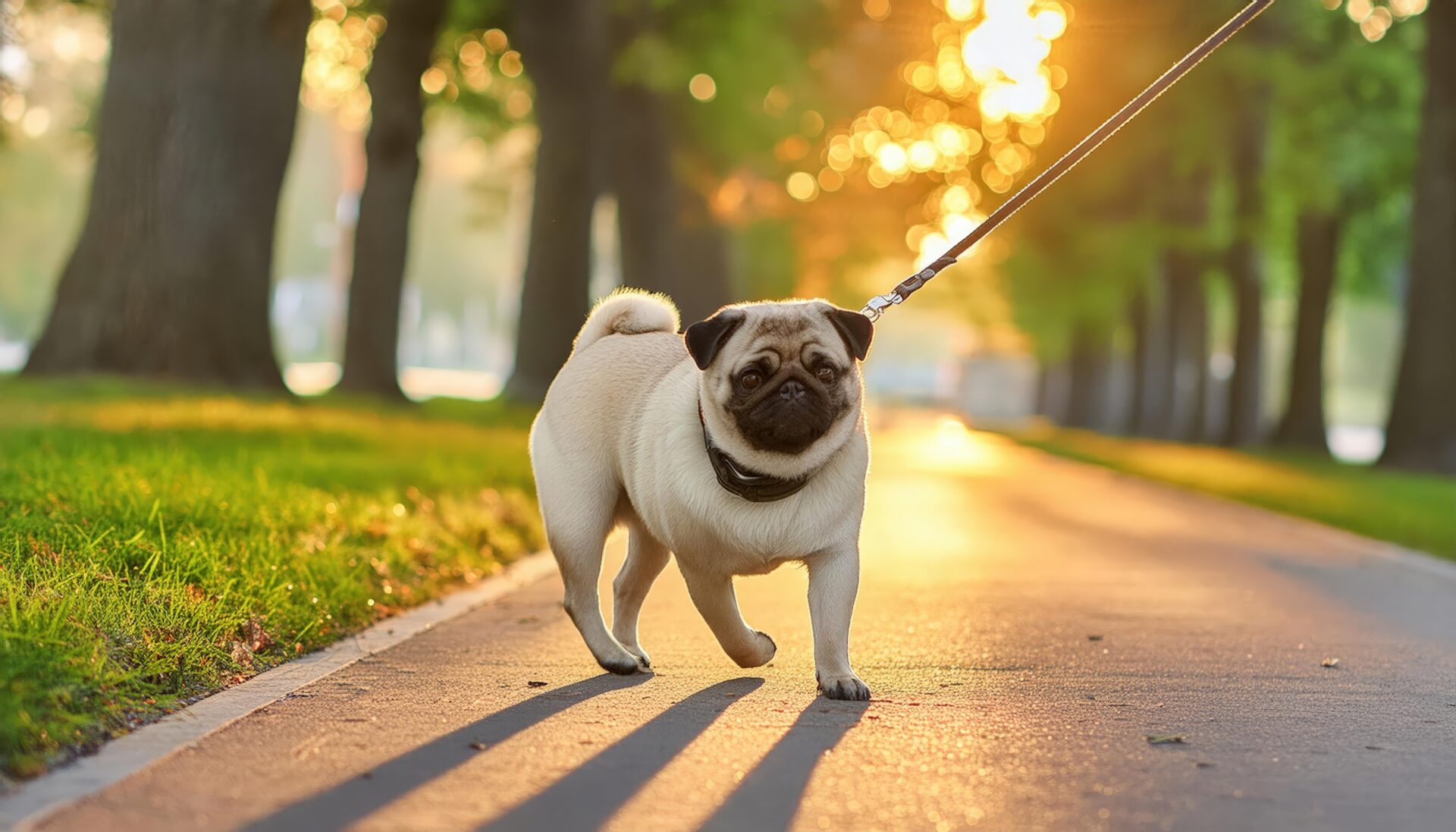 公園を散歩するパグ