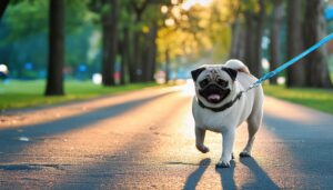 夕方の散歩中のパグ