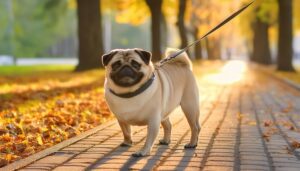 落ち葉とパグの散歩