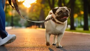 飼い主と散歩するパグ
