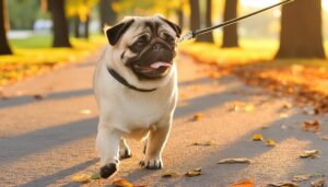 秋の光の中で歩くパグ