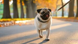 パグの散歩風景（秋の並木道）