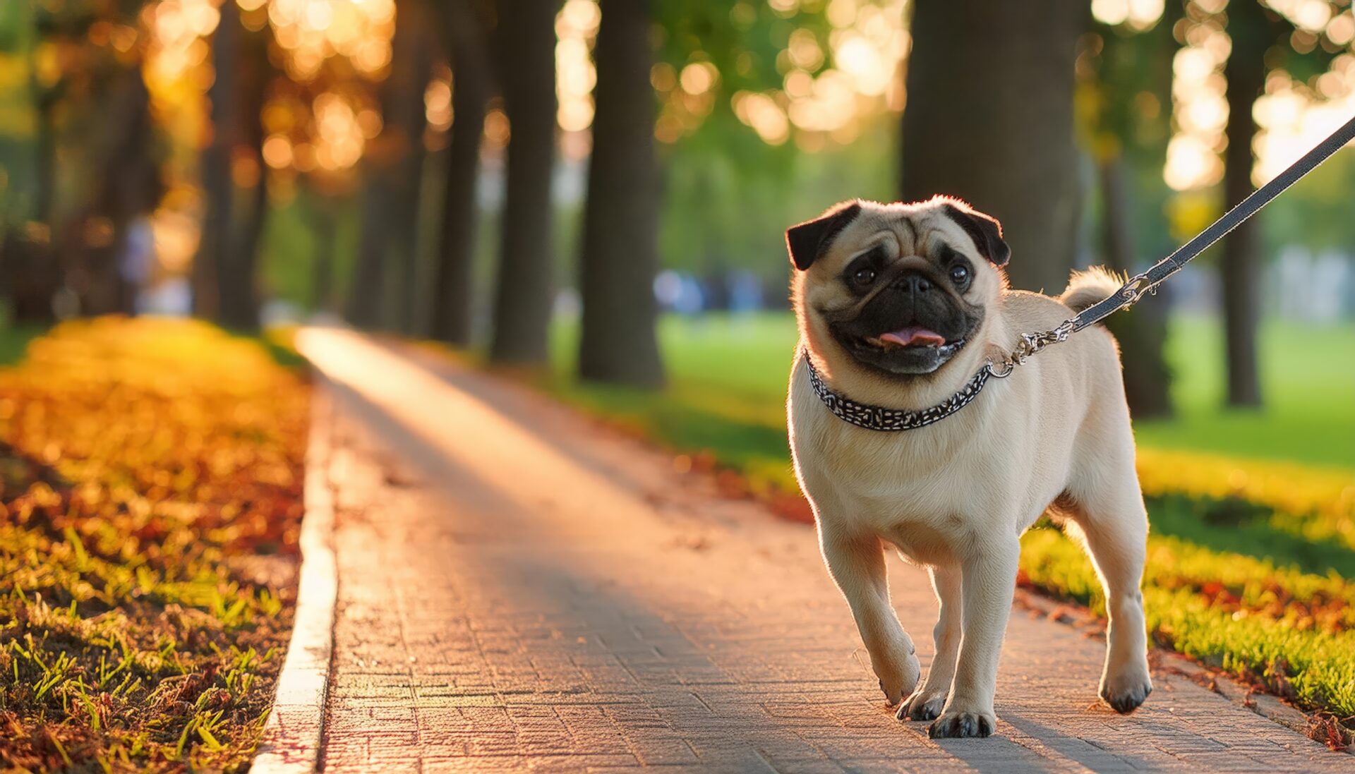 光に包まれて歩くパグ