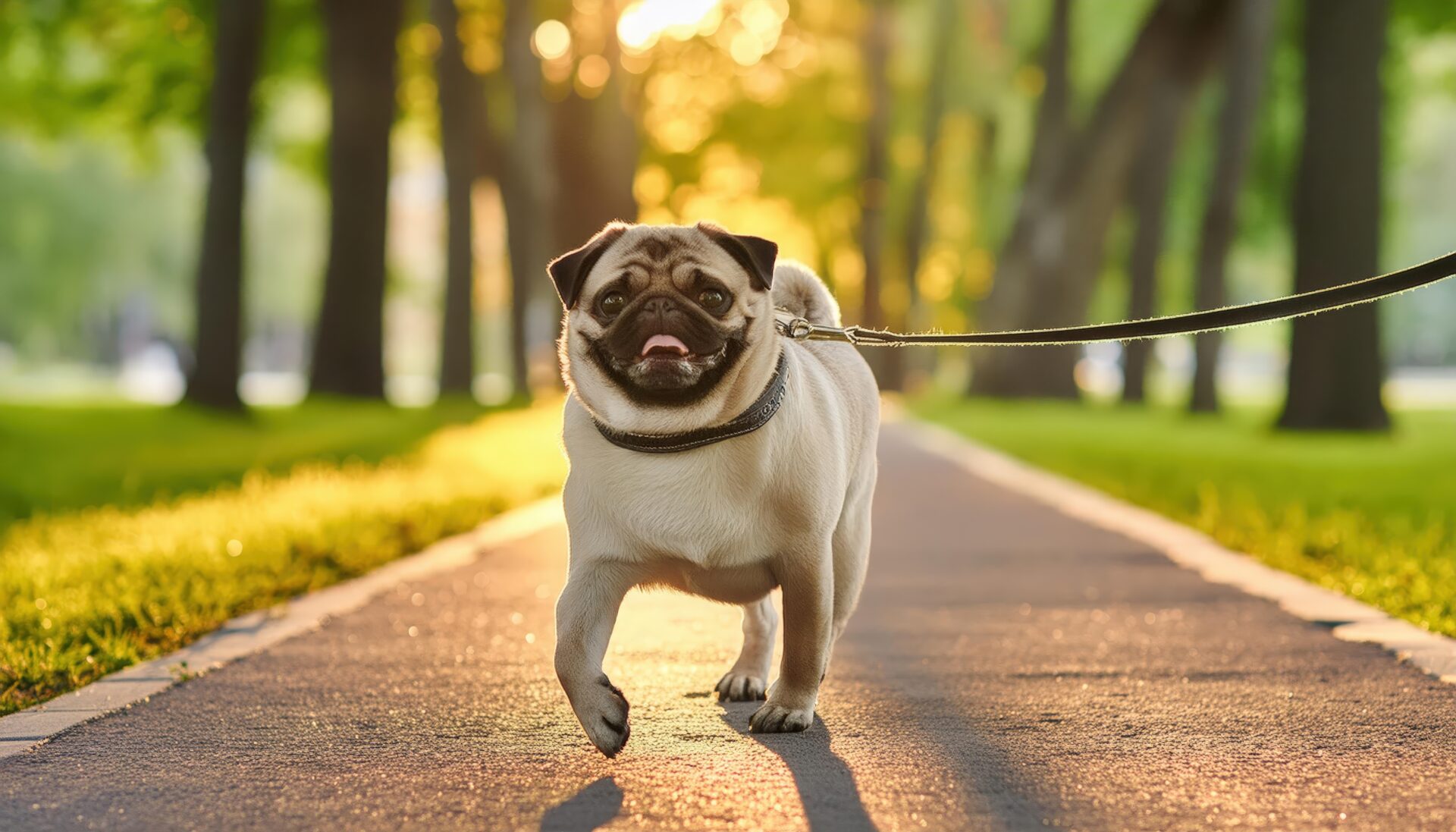 朝日の中を歩くパグ