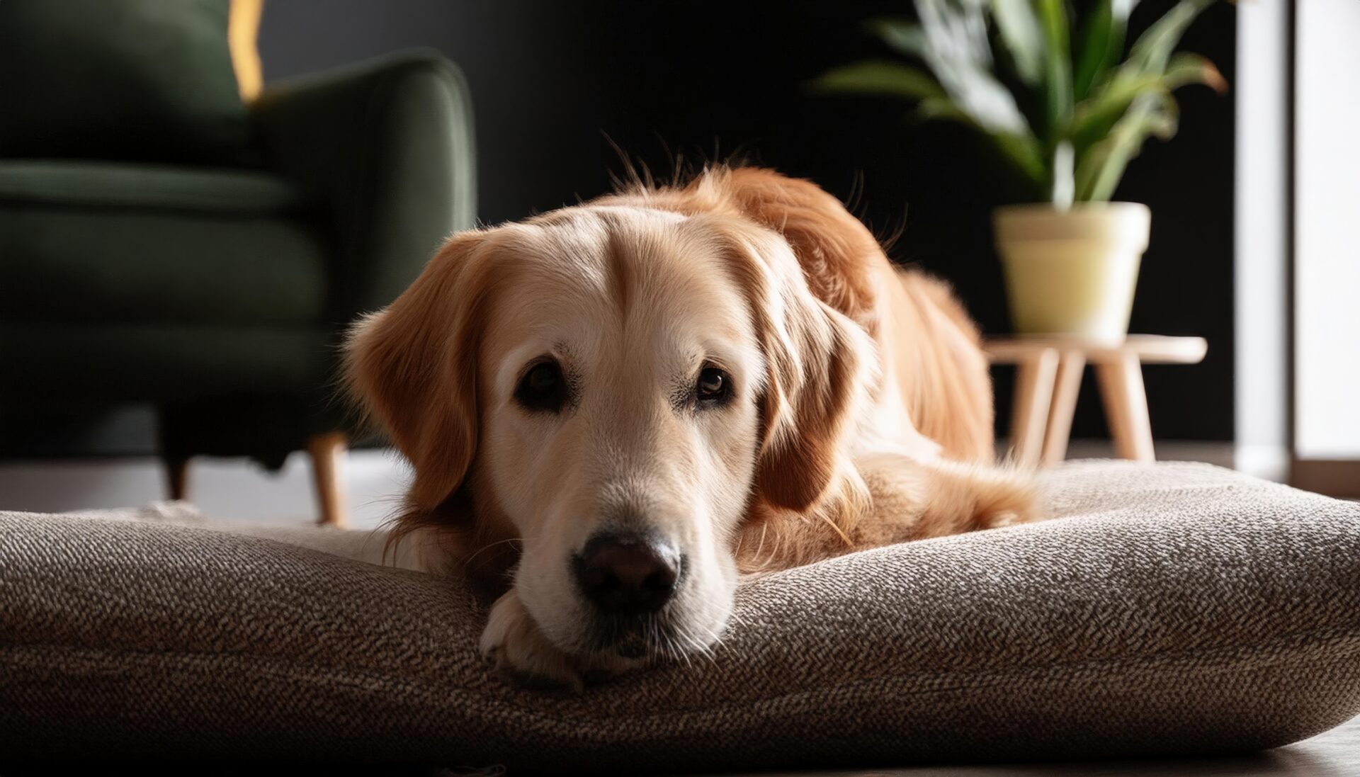 ソファ横でくつろぐゴールデンレトリバー