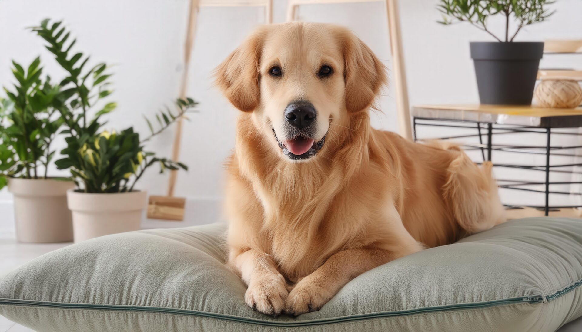 室内グリーンと犬の穏やかな時間