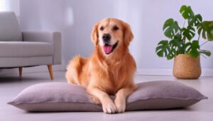 クッションの上で微笑む犬