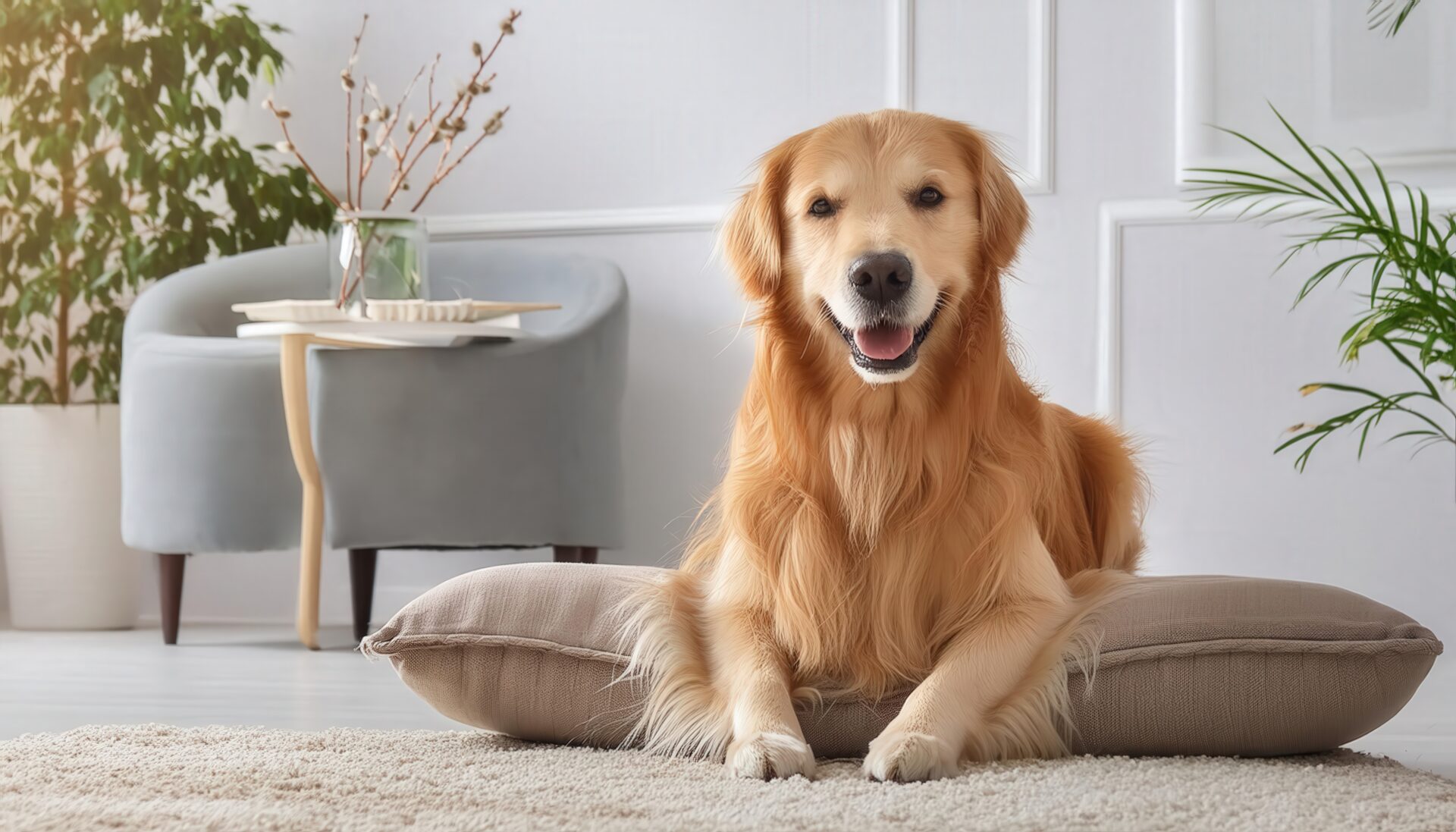 ナチュラル空間で穏やかに過ごす犬