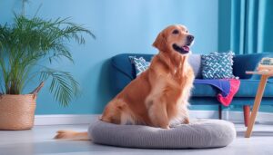 鮮やかな室内での犬の姿