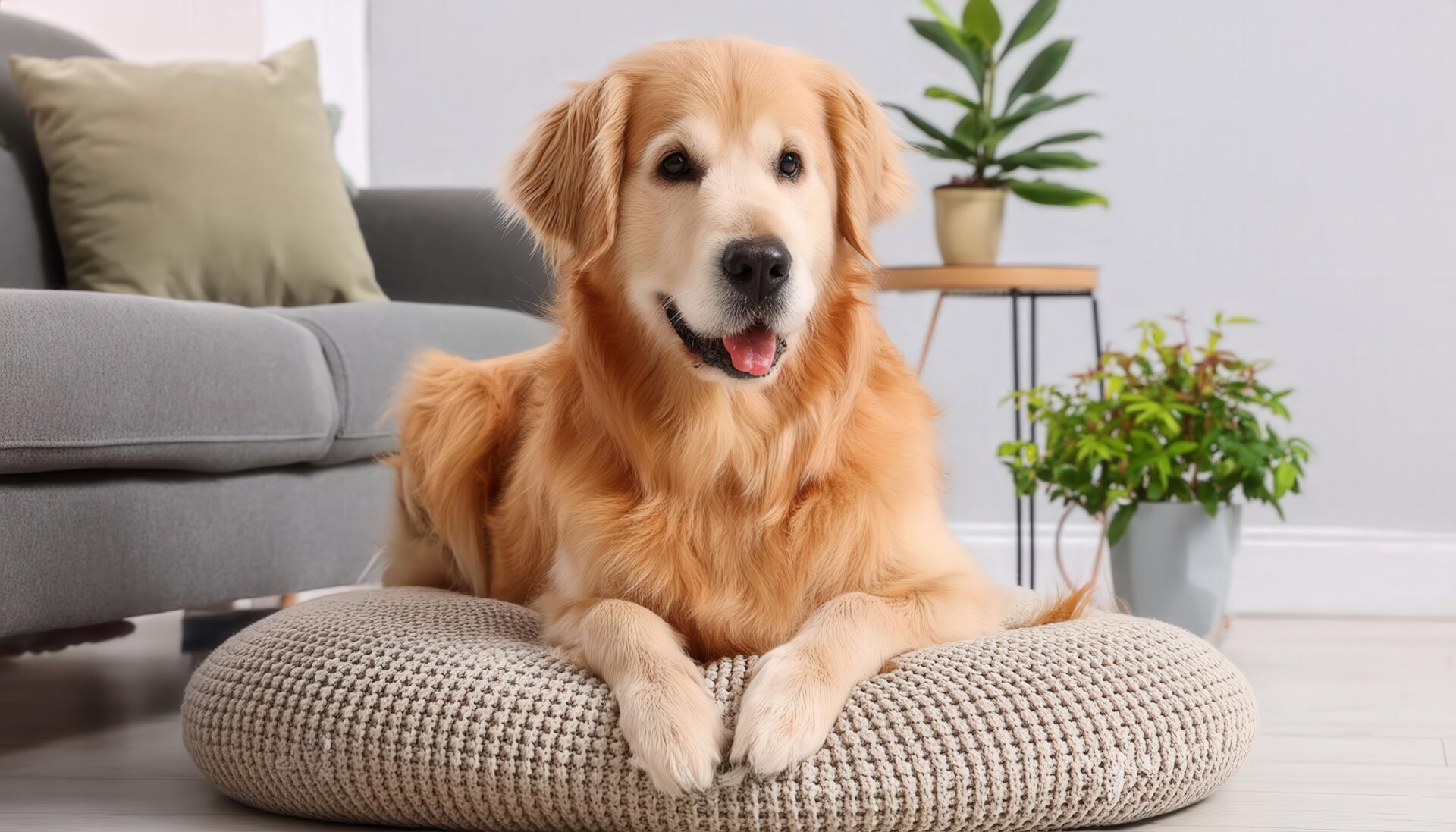 ソファ横の犬とグリーンのある暮らし