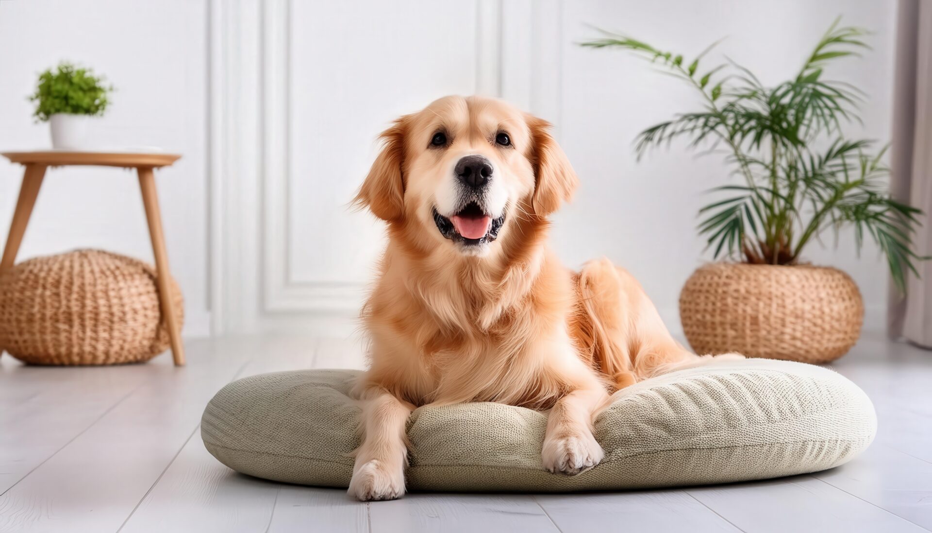 白い床に映えるゴールデンレトリバー