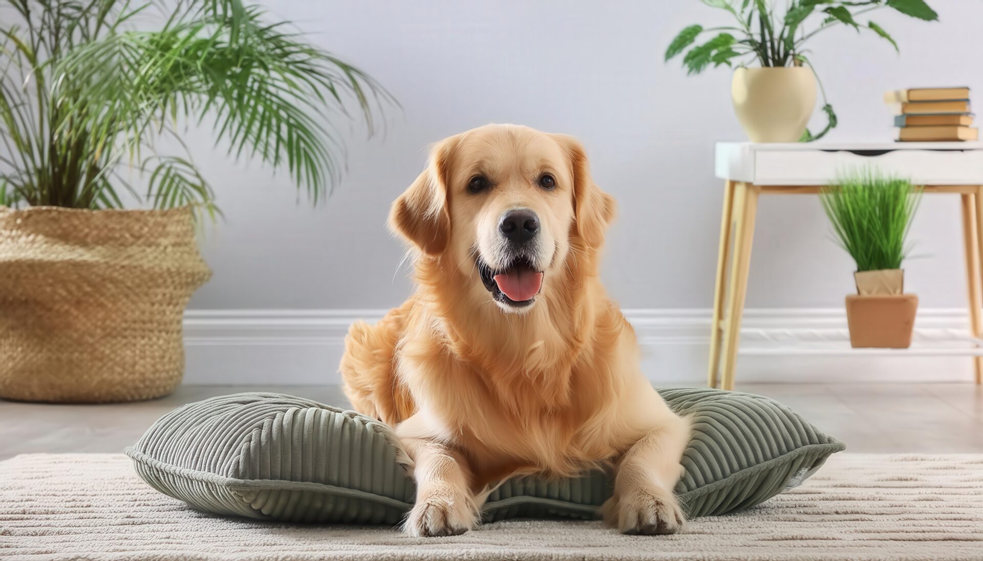 植物に囲まれたリラックス空間の犬