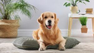 植物に囲まれたリラックス空間の犬