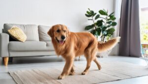 ナチュラルな部屋を歩く犬