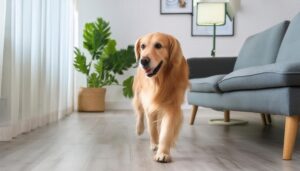 窓辺を歩く犬の後ろ姿