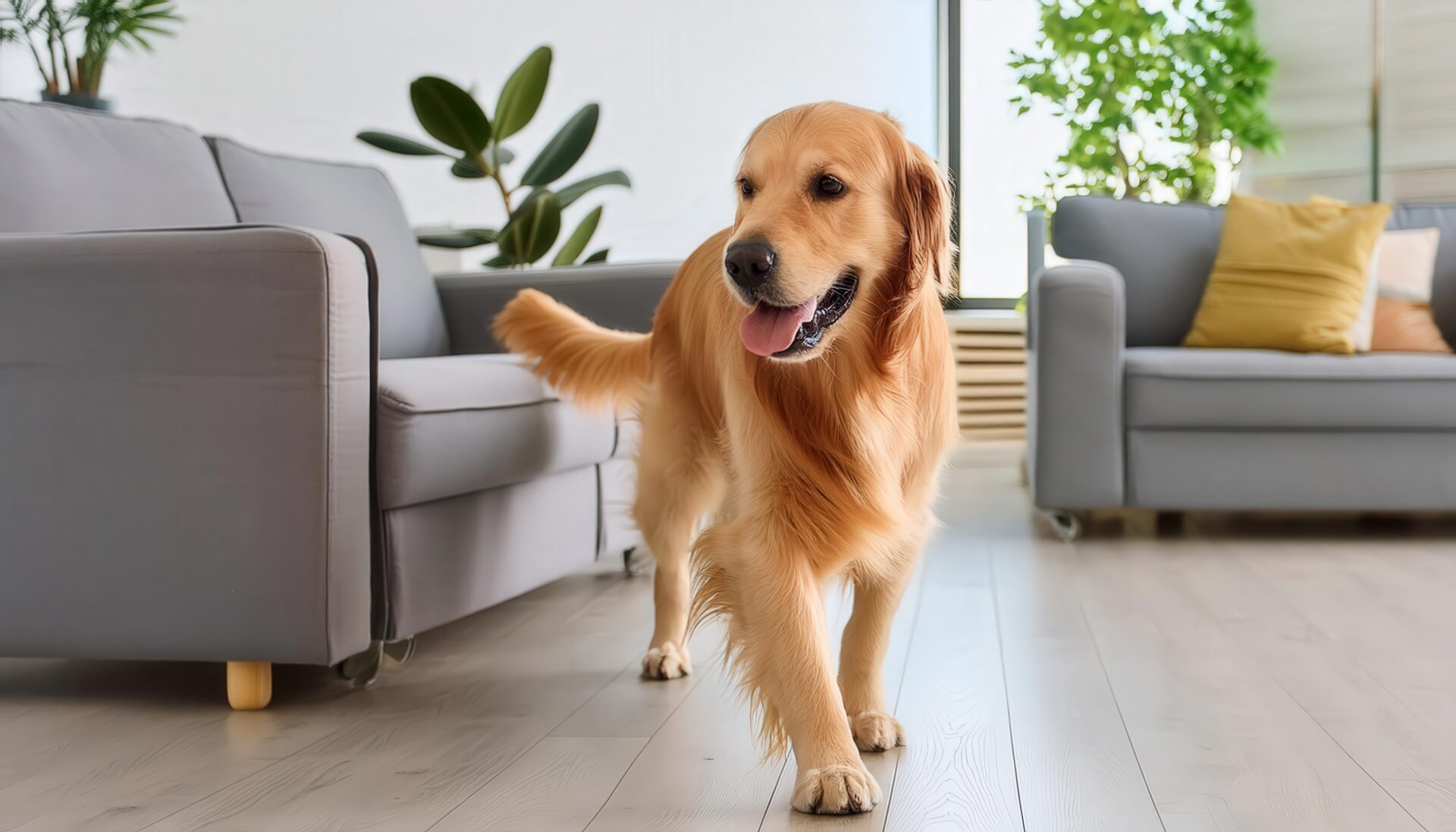 室内でくつろぐ大型犬の散歩風景