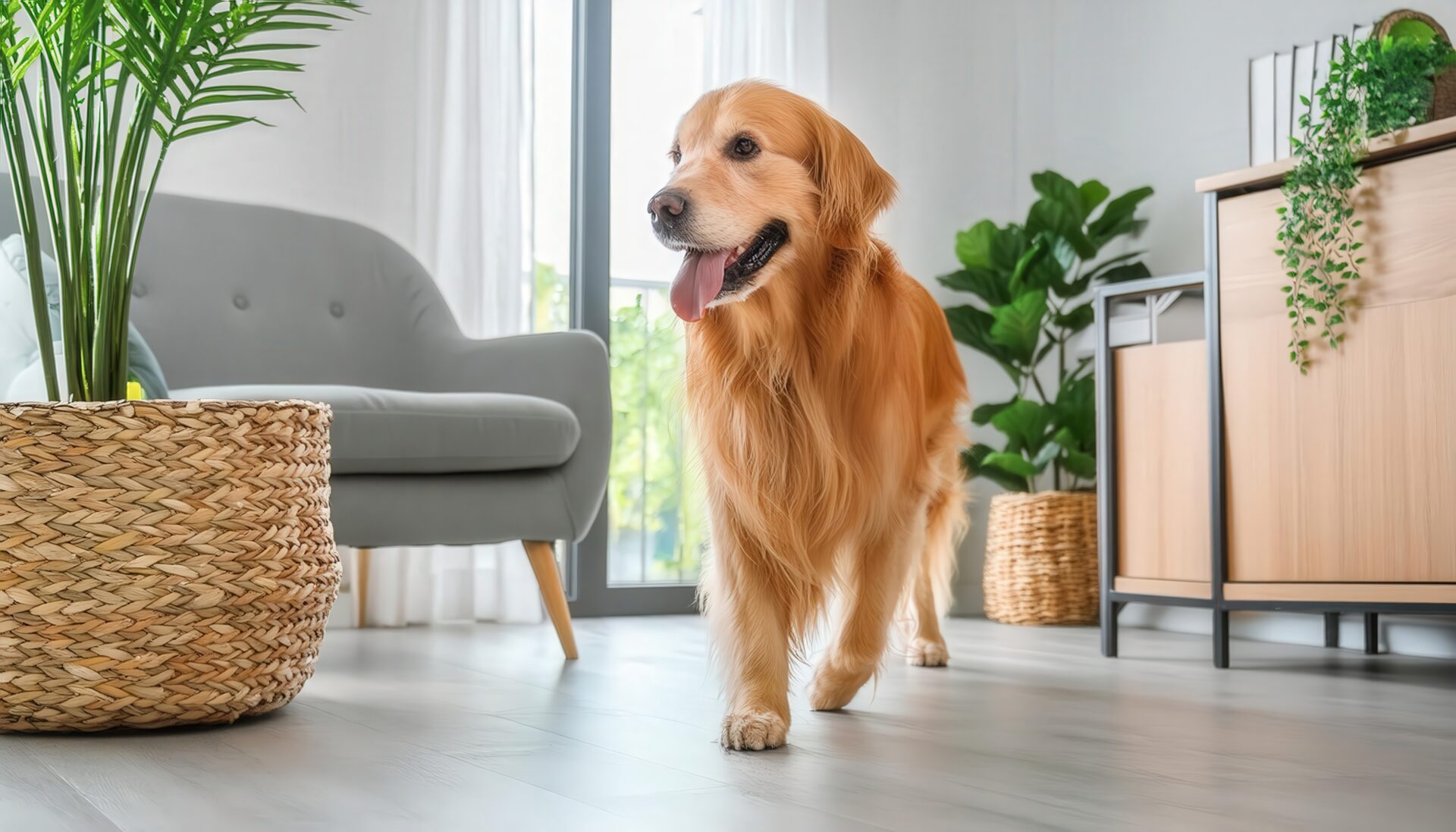 グリーンに囲まれた明るい室内の犬