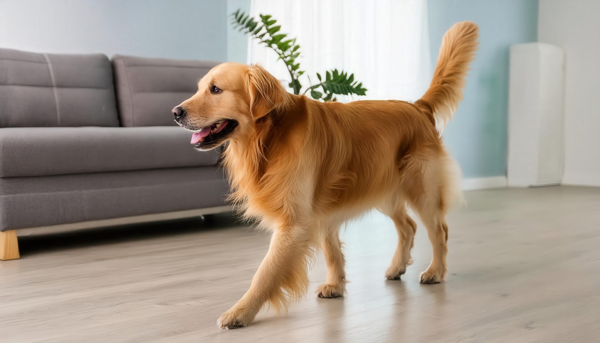 明るい部屋を歩く大型犬