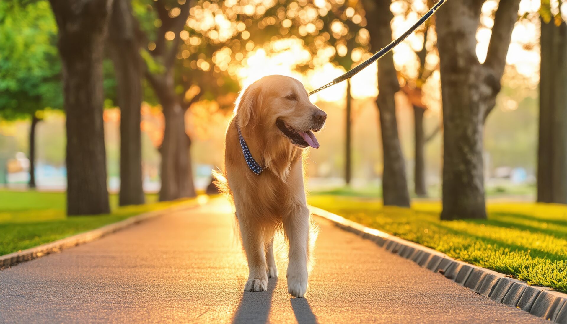 夕暮れの公園を散歩する犬