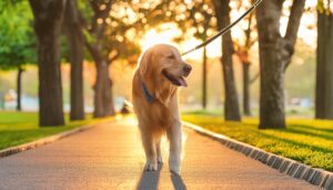 夕暮れの公園を散歩する犬