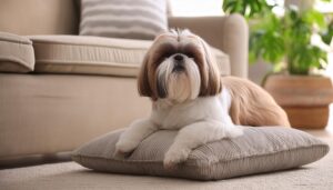 お気に入りのクッションでのんびりする犬