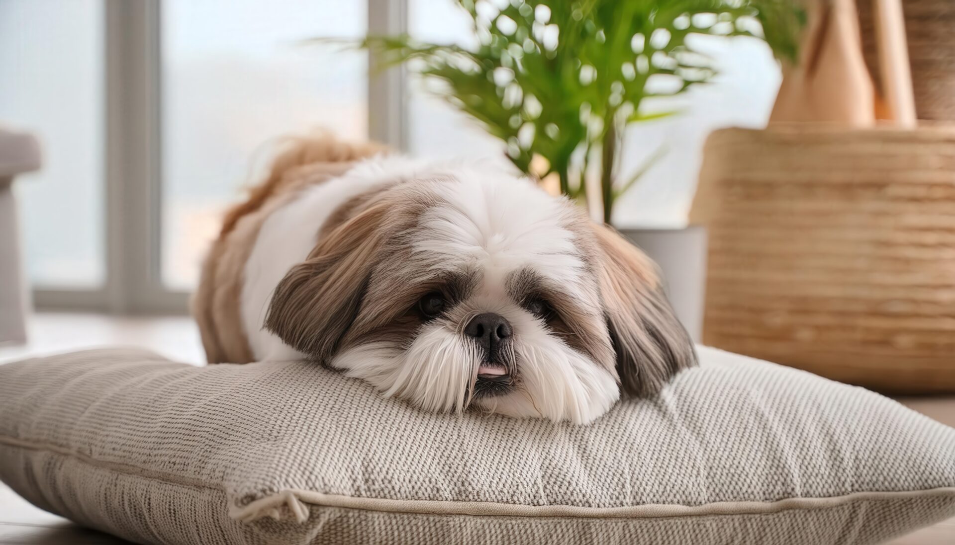 ふかふかクッションに顔をうずめる犬