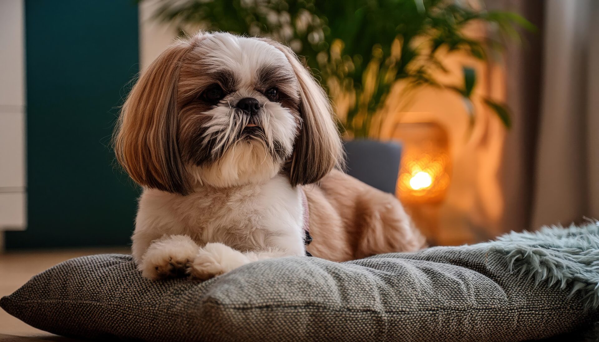 柔らかな照明の中でリラックスする犬