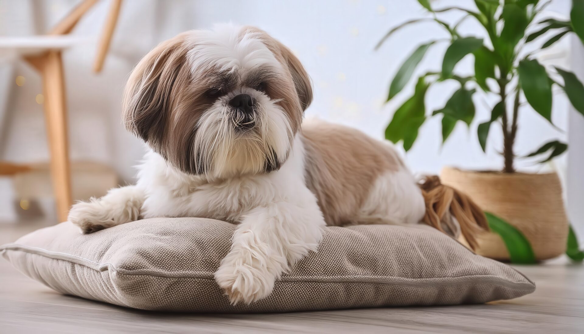 クッションに体をあずけるシーズー犬