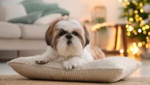 クリスマスの室内でくつろぐ犬