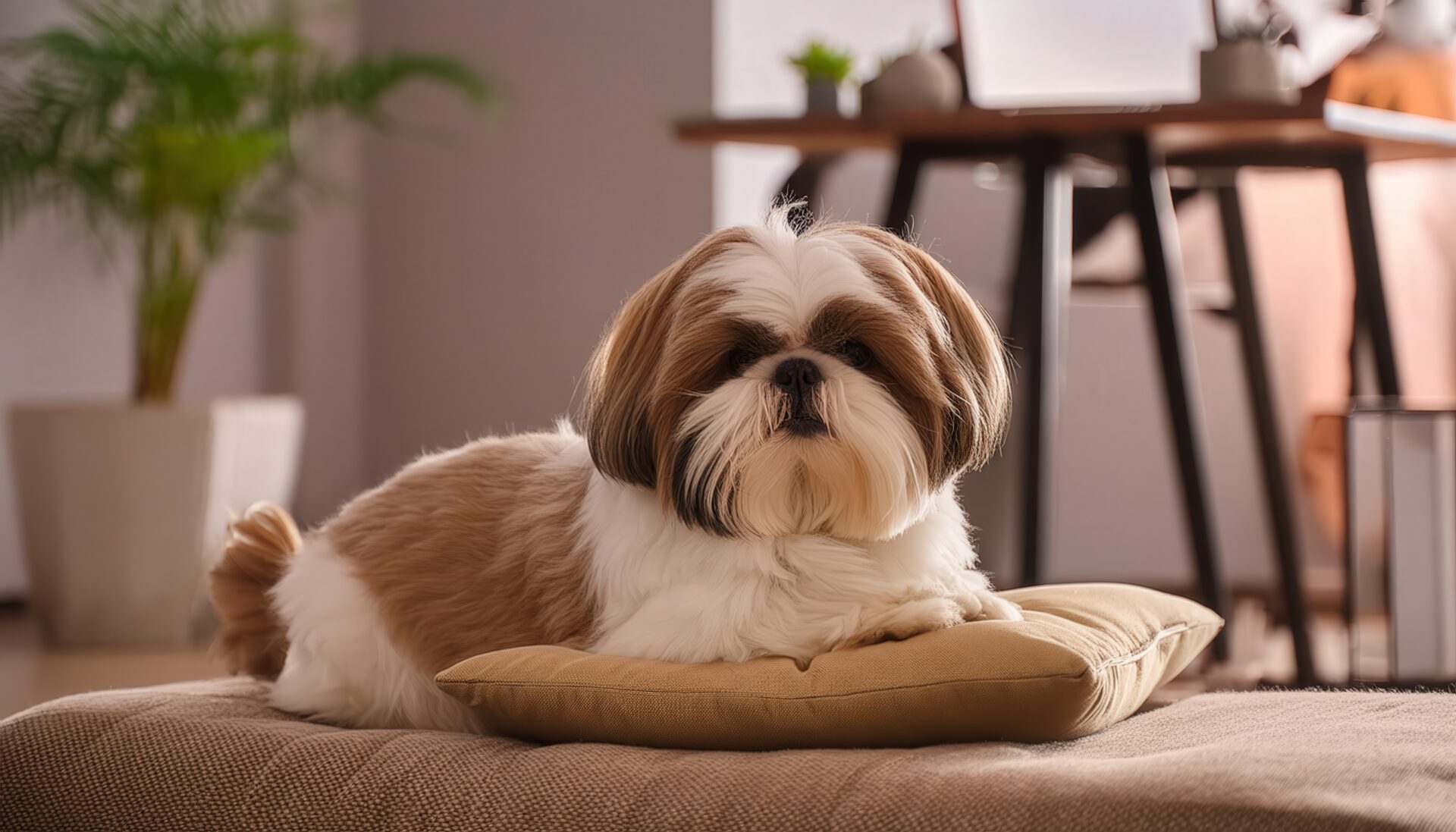 クッションに座るシーズー犬