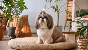 ボヘミアンな部屋で座るシーズー