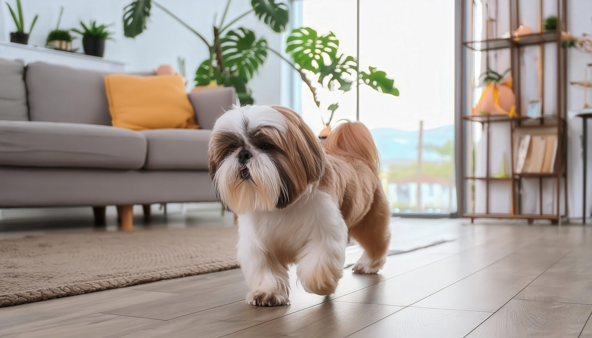 ソファ前を歩くシーズー犬