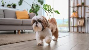 ソファ前を歩くシーズー犬