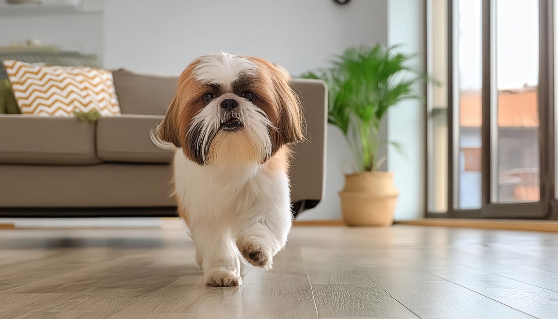 室内を歩くシーズー犬