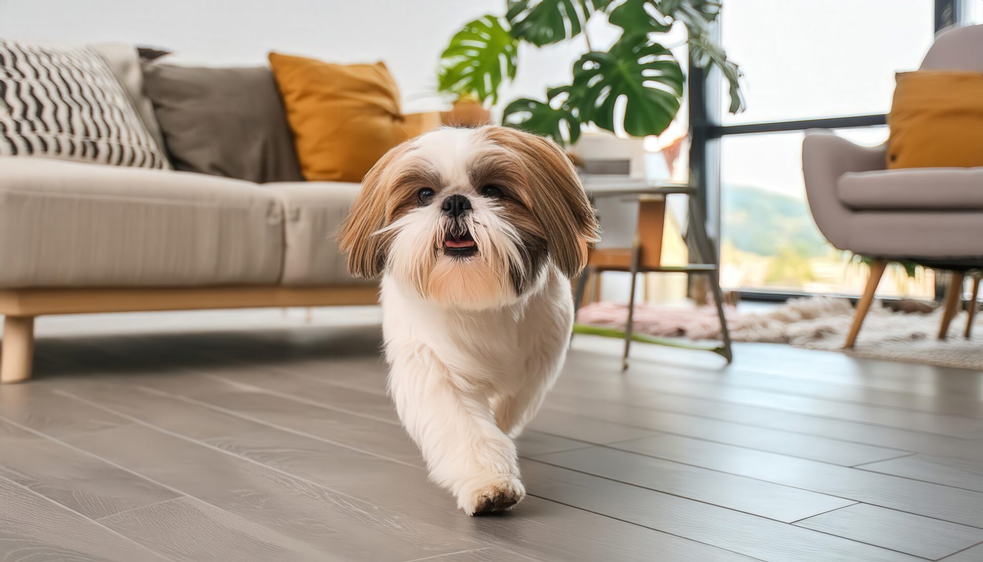 明るいリビングを歩くシーズー