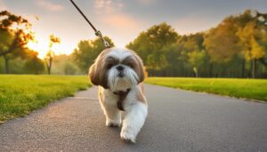 夕方の公園を散歩するシーズー犬