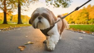 落ち葉の中を散歩するシーズー犬