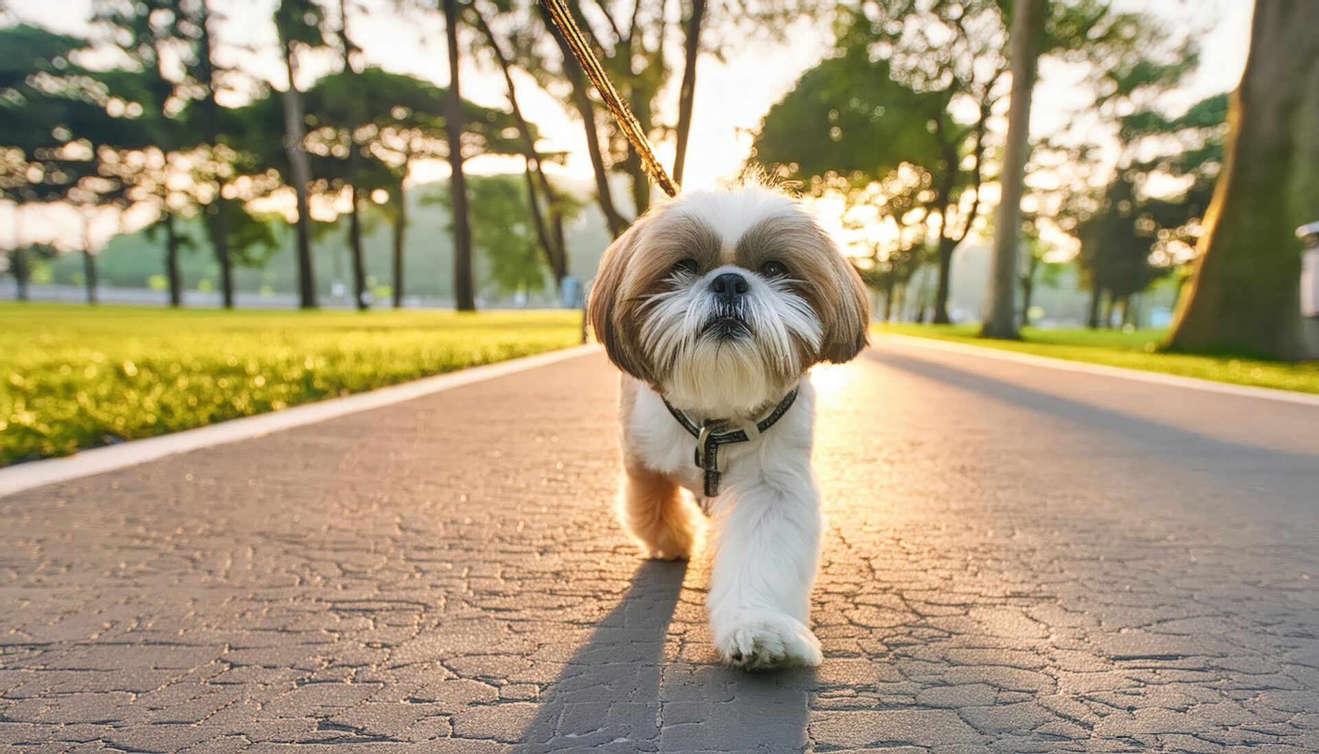 公園の小道を歩くシーズー犬